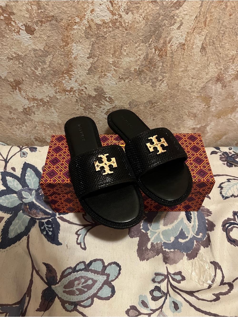 Tory Burch Black Slides with Gold Logo Accent - Picture 3 of 3